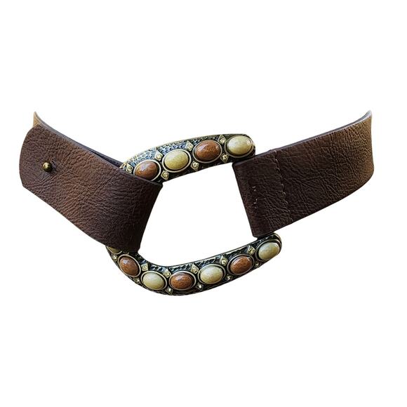 Chicos Brown Vegan Leather Slide Belt sz Small Stone Rhinestone Gold Buckle - Picture 1 of 6